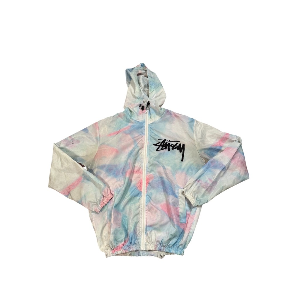 Stussy World Tour Tie Dye Windbreaker Jacket Mens Large Pastel Hoodie Zip Up
